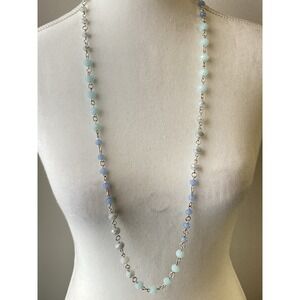 Premier Design Long Beaded Necklace Blue Aqua White Faceted Glass Silver Tone